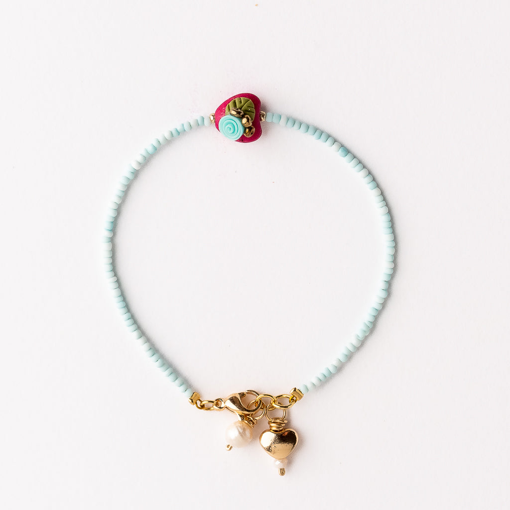 Pulsera Magnolia Corazón Rosa con Flor Turquesa