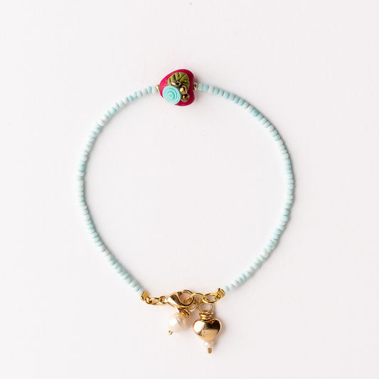 Pulsera Magnolia Corazón Rosa con Flor Turquesa