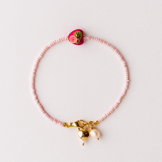 Pulsera Magnolia Corazón Rosa con Flor Rosa