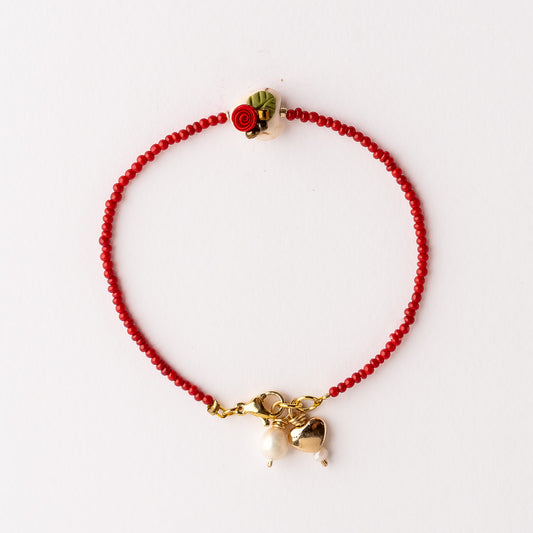 Pulsera Magnolia Corazón Blanco con Flor Roja